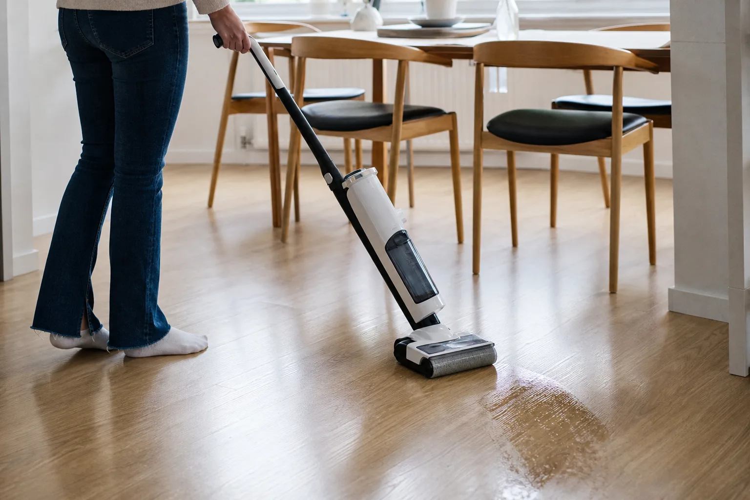 En enkel golvtvättmaskin rengör laminatgolv vid ett matbord.